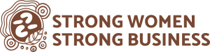 Logo: abstract female face motif with circular patterns and the brown text 'STRONG WOMEN STRONG BUSINESS'.