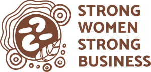 Brand logo: brown abstract flower motif to the left of the text 'STRONG WOMEN STRONG BUSINESS'.