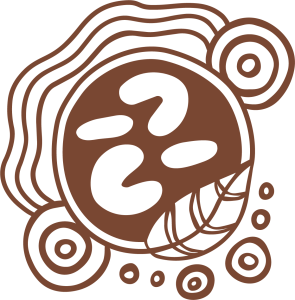 Abstract brown circular emblem with wavy lines and concentric rings.