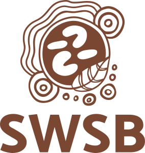 Brand logo: a brown abstract circular mascot with wavy lines above the bold text 'SWISB'.