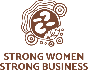 Brown line-art illustration of a woman's face with concentric circular patterns and the words "STRONG WOMEN STRONG BUSINESS" in bold brown letters.